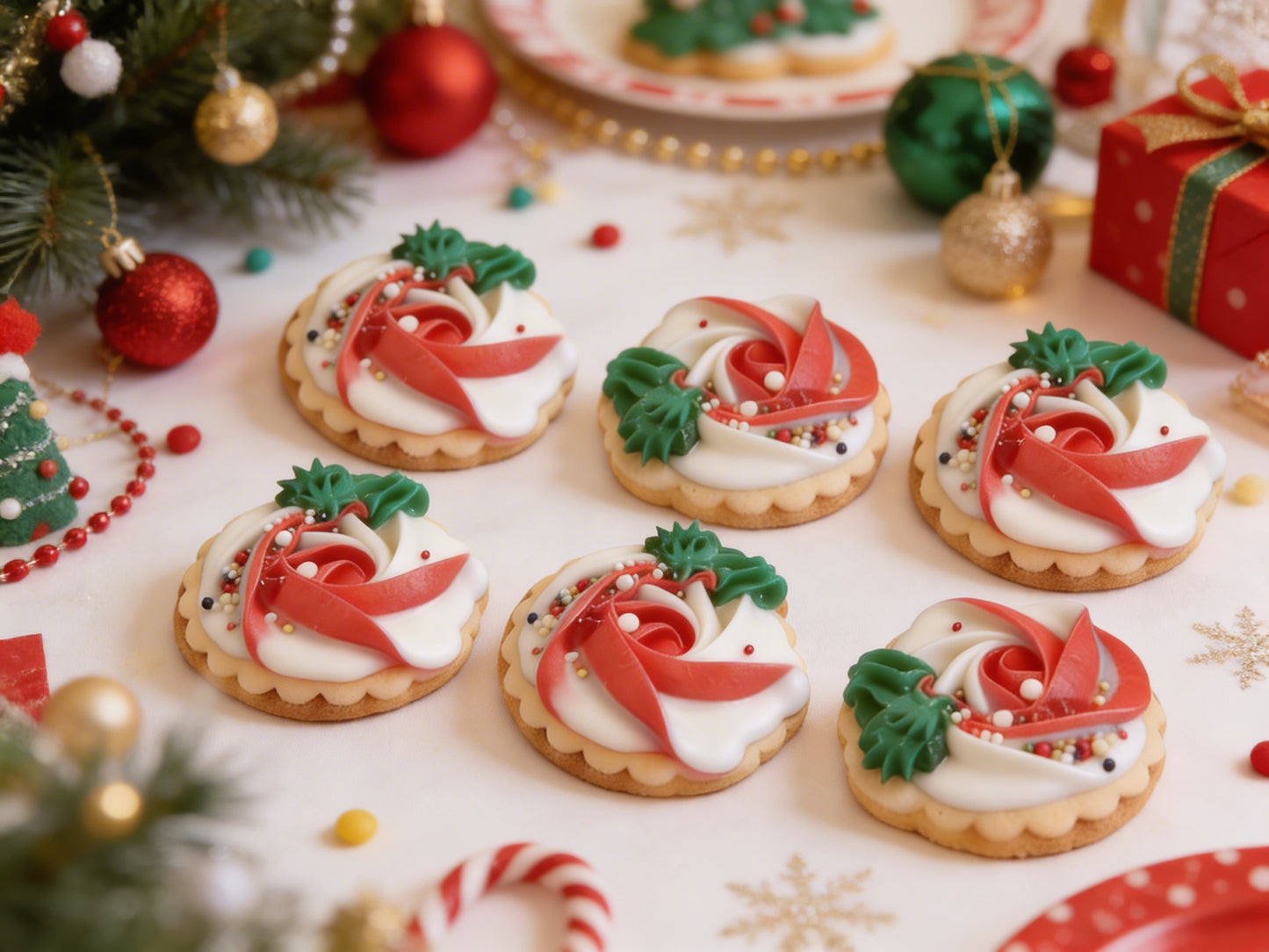 Dozen White & Red Christmas Rosettes